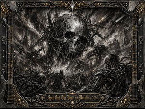A colossal biomechanical skull dominates a devastated industrial battlefield, looming above skeletal machines and tangled wreckage. Deep charcoal blacks, metallic grays, and restrained gold accents create a brutal, apocalyptic mood. Explosive lighting cuts through smoke and debris, while intricate mechanical textures, skull motifs, and an ornate metal frame intensify the dark, aggressive composition.