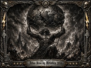 A colossal chained Atlas rises amid jagged mountains and violent storms, straining beneath a fractured world. Deep charcoal textures, smoky grays, metallic blacks, and restrained gold accents create a fierce, apocalyptic mood. Lightning and drifting debris sharpen the dramatic lighting, while ornate guitars, skulls, wire, and metalwork frame the mythic scene.