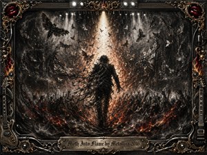 A shadowy figure strides toward a blazing spotlight as swarming moths dissolve into sparks and flame. Deep charcoal textures, blackened grays, ember reds, and molten gold create a fierce, ominous concert atmosphere. Ornate guitars, cables, metallic flourishes, red lips, and gothic detailing frame the turbulent, theatrical composition.