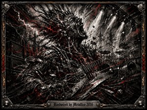 A cybernetic beast erupts through a shattered industrial stage, fused with electric guitars, chains, cables, and mechanical debris. Deep charcoal blacks, metallic grays, and sharp red accents create a violent, apocalyptic mood. Harsh spotlights pierce storm clouds and power lines, while intricate engraving-like textures and an ornate metal frame intensify the chaos.