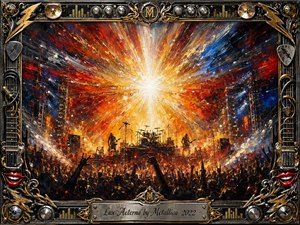 A blazing white-gold burst erupts above a thunderous metal concert, silhouetting musicians, drums, amplifiers, and a sea of raised hands. Fiery orange, crimson, blue, and black strokes create explosive motion in a textured oil-painted style. An ornate chrome-and-gold musical frame surrounds the scene, finished with an engraved title plate.