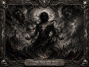 A shadowy figure rises from swirling smoke and ruins beneath a violent storm, embodying darkness made flesh. Deep charcoal blacks, silvery grays, ember-red accents, and stark lightning create a menacing glow. Ornate skulls, metalwork, wires, and gothic details frame the dramatic composition, rendered in richly textured charcoal-inspired fantasy art.