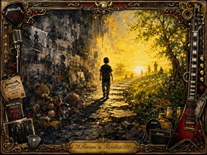 SongData_72-Seasons_Metallica_2023 A solitary child walks from a dark, crumbling world of faded photographs and abandoned toys toward a radiant golden horizon beneath a glowing tree. Dramatic contrasts of charcoal black, amber, and burnished gold create a reflective, intense mood, while richly textured painterly details and an ornate music-themed frame reinforce themes of memory, growth, and transformation.