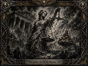SongData_AndJusticeForAll_Metallica_1988 A crumbling blindfolded Lady Justice dominates a ruined courthouse landscape, holding broken, uneven scales weighed down by money and power. Deep charcoal blacks, smoky grays, and restrained gold accents create a harsh, oppressive mood. Chains, riot silhouettes, puppet imagery, cracked stone, and an industrial metal frame intensify the sense of corruption and control.