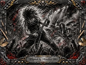 A furious guitarist thrashes beneath blazing stage lights as a drummer pounds behind him and a shadowy crowd surges below. Deep charcoal textures, smoky grays, white highlights, and sharp red accents create violent motion and energy. An ornate chrome-and-gold frame of flames, studs, instruments, and metalwork completes the dramatic concert artwork.