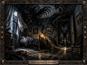 A frightened child lies awake in a moonlit bedroom as smoky, claw-like shadows spread across the ceiling and a dark hallway recedes into ominous distance. Cold blues, charcoal blacks, and warm amber lamplight create dramatic contrast. Rich oil-and-charcoal textures, worn toys, distressed wood, and an ornate metal frame deepen the haunting atmosphere.