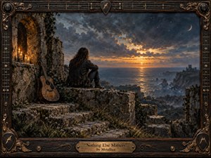 A lone long-haired figure sits on weathered stone ruins above a darkening sea, an acoustic guitar resting nearby as candles glow in a rocky alcove. Golden sunset light breaks through stormy blue-gray clouds, reflecting across the water. The mood is intimate and contemplative, rendered in richly textured, handcrafted painterly detail within an ornate music-themed frame.