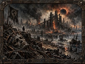 A lone figure overlooks a devastated industrial wasteland of collapsing towers, burning machinery, wrecked ships, and scorched earth beneath a blackened eclipse. Charcoal gray, rust, and ember orange dominate the scene, lit by fiery glow through heavy smoke. The detailed mixed-media style feels metallic, apocalyptic, textured, and relentlessly bleak.