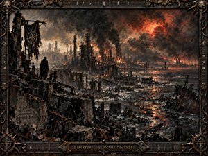 A lone figure overlooks a devastated industrial coastline beneath a turbulent, smoke-choked sky glowing with volcanic orange fire. Collapsed factories, twisted metal, flooded ruins, and sinking structures fill the bleak scene. Charcoal blacks, rusted browns, and ember reds dominate, rendered in a dark, highly detailed, apocalyptic mixed-media style.