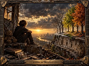 A solitary boy sits in a ruined industrial overlook beside a worn teddy bear, gazing toward a distant city beneath storm clouds and golden sunset light. Seasonal trees, crumbling walls, clocks, books, and weathered metal details suggest memory and passing time. The cinematic artwork feels tense, reflective, dark, and strangely hopeful.