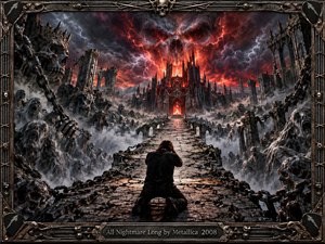 A lone figure kneels on a shattered stone causeway leading toward a fiery gothic fortress beneath a skull-shaped storm cloud. Ghostly figures, ruins, chains, and fog crowd the apocalyptic landscape. Red lightning cuts through charcoal skies, while harsh orange firelight and intricate metallic framing create a menacing, cinematic heavy-metal atmosphere.