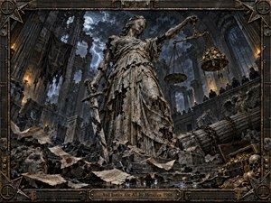 A ruined blindfolded figure of Justice towers inside a shattered courthouse, holding uneven scales burdened by wealth while gripping a broken sword. Lightning cuts through a storm-dark sky as papers, rubble, chains, skulls, and coins fill the foreground. Cold grays, tarnished bronze, and harsh highlights create a grim, monumental metal-inspired atmosphere.