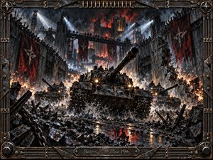Armored tanks surge through a flooded, ruined industrial city beneath smoke, fire, and harsh white searchlights. The scene feels violent, relentless, and militaristic, with blackened steel, deep reds, sparks, rain, and shattered debris. A distressed metal frame with ammunition, rivets, chains, and hardware reinforces the heavy handcrafted aesthetic.