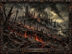A devastated industrial wasteland stretches beneath a choking black sky, where skeletal towers, broken power lines, and burning ruins glow with molten orange fire. Heavy smoke, scorched earth, and twisted machinery create an apocalyptic mood, rendered in gritty dark-metal realism with harsh contrast, intricate texture, and ominous mechanical detail.