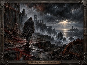 A solitary figure crosses shattered coastal ruins beneath a violent storm, surrounded by rusted chains, broken stone, and dark surf. Cold grays and blackened metal dominate, pierced by a distant shaft of pale sunlight. Heavy impasto textures, dramatic depth, and distressed industrial framing create a brooding atmosphere of endurance, damage, and release.