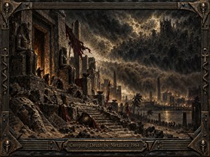 A dark, apocalyptic vision shows a ruined ancient Egyptian city beneath a storm of smoke, sand, and deathly shadows. Colossal statues, shattered steps, torn red banners, and fleeing figures lead the eye toward a haunted skyline. Bronze, black, and ash tones, dramatic light, and textured painterly detail create a menacing heavy metal atmosphere.