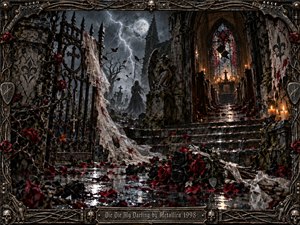 A storm-darkened Gothic cemetery and ruined chapel glow beneath lightning and a cold moon, framed by twisted ironwork, skulls, roses, and guitar hardware. Torn lace, scattered petals, wet stone, candles, and a distant mourning figure create a sinister, romantic atmosphere rendered with richly textured metallic detail and dramatic cinematic lighting.
