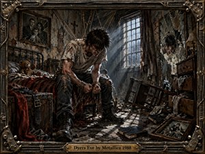 A tormented young man sits hunched in a decaying bedroom, fists clenched and bound by frayed cords, while harsh window light cuts through dust and shadows. Cracked mirrors, a shattered family portrait, peeling walls, and scattered debris deepen the fury and confinement. The dark, gritty oil-painted scene is framed in ornate metal.