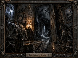 A sleeping child lies in a decaying moonlit bedroom as warm lamplight meets cold blue shadows from an open doorway swirling with nightmare darkness. A rocking horse and scattered toys deepen the unease. Rendered in richly textured gothic mixed media, the composition feels cinematic, claustrophobic, and haunting, enclosed by a heavy metal frame.