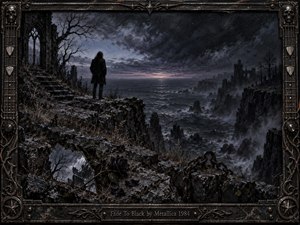 A solitary figure stands on ruined coastal cliffs beneath a vast storm-darkened sky, facing a faint horizon over turbulent water. Gothic stonework, dead trees, broken mirror shards, chains, and black roses deepen the sense of isolation. Muted blue-gray tones, dim light, and textured oil-paint detail create a mournful, haunting atmosphere.