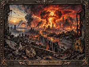 A ruined industrial city burns beneath a colossal nuclear fireball, with shattered towers, wrecked tanks, twisted steel, and glowing roads leading into destruction. Fiery orange, black, and ash-gray tones create an apocalyptic mood, while dramatic painted textures, smoke, debris, and a heavy metal frame intensify the sense of violent collapse.