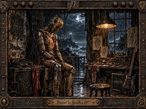 A battered wooden automaton sits in a rain-soaked workshop, its exposed wires and metal joints suggesting pain, repair, and endurance. Cold blue storm light contrasts with a warm hanging lamp, while tools, sketches, guitar hardware, rusted machinery, and a distant lighthouse create a dark, handcrafted industrial atmosphere of isolation and resilience.