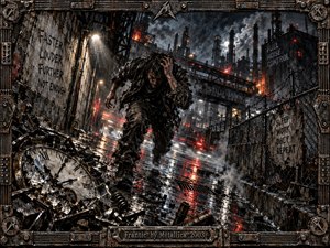 A frantic figure charges through a rain-soaked industrial wasteland beneath smoking towers, tangled pipes, barbed fencing, and harsh red warning lights. Broken machinery and a shattered clock fill the foreground, while blackened steel, wet reflections, smoke, and gritty metallic textures create a violent, anxious, exhausted atmosphere.