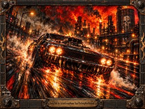 A black muscle car tears through a blazing industrial refinery, its headlights glowing through smoke, sparks, and molten reflections. Fiery orange skies, steel towers, wet pavement, and aggressive low perspective create a relentless, dangerous mood. Thick textured brushwork and a rugged mechanical frame amplify the sense of speed, heat, and power.
