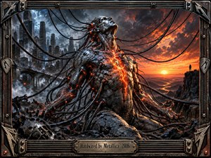 A scarred metallic figure kneels amid rubble, bound by thick black cables beneath a storm-split sky. Cold blue skyscrapers rise behind him while a fiery orange sunset burns across distant mountains. Glowing cracks spread through his body, creating a brutal, apocalyptic mood within a highly detailed cinematic digital painting and industrial guitar-inspired frame.