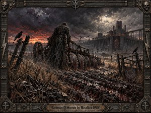 A lone, burdened figure drives a brutal iron harvester through a ruined field beneath a smoke-choked sky. Black crows, shattered fencing, skulls, and a distant fortress deepen the dread. Burnt reds, steel grays, and muddy browns glow under a dying sunset, rendered as a gritty, heavily textured dark oil painting.