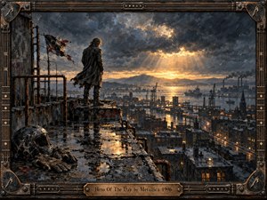 A solitary figure stands on a rain-darkened rooftop overlooking an industrial harbor beneath turbulent storm clouds and a breaking golden sunset. Rusted metal, wet concrete, abandoned gloves, and distant smokestacks create a weary, reflective mood. Dramatic light, deep blue-gray shadows, and textured painterly detail suggest resilience, isolation, and hard-won hope.