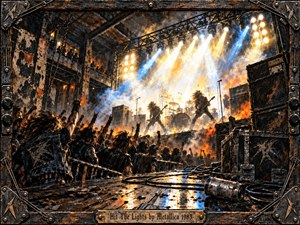 A furious heavy metal performance erupts inside a battered industrial venue, where silhouetted musicians thrash beneath blinding white, blue, and amber stage lights. Smoke, sparks, raised fists, stacked amplifiers, tangled cables, and scarred wooden flooring create explosive energy. A distressed metal frame completes the gritty, handcrafted 1980s atmosphere.