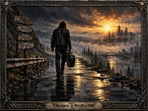 A lone musician carrying a guitar case walks along a rain-slick mountain road toward a glowing city beneath storm clouds. Golden sunset light cuts through gray mist, reflecting across cracked pavement and distant water. Weathered signposts, rugged terrain, and an ornate metallic guitar-themed frame create a brooding, cinematic sense of departure and resolve.