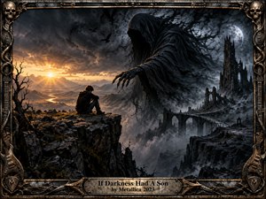 A lone figure sits on a jagged cliff beneath a colossal hooded shadow reaching across a ruined gothic landscape. Cold blacks and grays dominate, broken by a fiery golden horizon and pale moonlight. Twisted trees, ravens, crumbling towers, mist, and ornate metal framing create a brooding, cinematic dark-fantasy atmosphere.