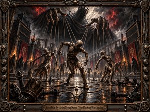 A dark gothic arena is dominated by colossal mechanical hands controlling weathered marionette figures on taut strings. Blackened towers, red banners, scattered chess pieces, and orange firelight intensify the oppressive mood. Metallic browns, charcoal skies, and dramatic highlights create a handcrafted industrial fantasy, enclosed by an ornate steel frame.