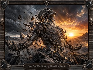 A colossal shattered stone figure strains against heavy chains in a ruined volcanic wasteland beneath turbulent black clouds and a blazing orange sunset. Flying debris, cracked surfaces, molten highlights, and rugged mountains create violent motion and apocalyptic tension. A dark metal guitar-inspired frame with skull details completes the cinematic heavy-metal composition.