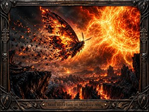 A blazing moth with scorched wings surges toward a colossal molten sun above a volcanic wasteland. Lava rivers, black cliffs, sparks, and stormy smoke create a fierce apocalyptic mood. Fiery orange light cuts through deep charcoal shadows, while the intricate metal guitar-themed frame adds a dark handcrafted heavy-metal character.
