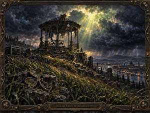 A storm-darkened hillside overlooks a glowing city as a ruined iron pavilion stands beneath a sudden shaft of golden light. Wet grass, broken stone, and a tarnished clover emblem create a mood of fragile hope and impending loss. Detailed painterly textures, dramatic clouds, bronze framing, and distant lightning deepen the tension.