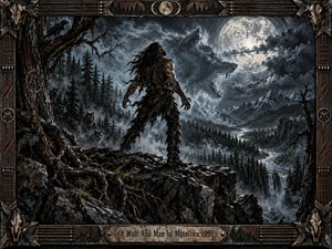 A solitary rugged figure stands on a moonlit cliff above a vast forested valley, surrounded by shadowy wolves and twisted trees. Cold blue-gray light, storm clouds, distant mountains, and a ghostly wolf shape in the sky create a primal, ominous mood. The dark painted scene is enclosed by an ornate metal frame.