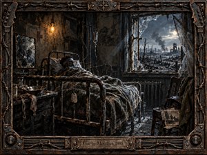 A wounded soldier lies in a rusted hospital bed inside a shattered wartime room, framed by broken glass and a devastated moonlit battlefield. Cold blue-gray ruins contrast with a dim amber bulb, creating a bleak, haunted mood. Heavy metalwork, barbed wire, dog tags, and worn textures reinforce isolation and despair.