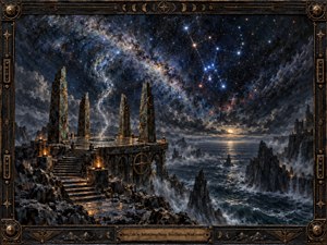 A monumental celestial observatory rises above a storm-tossed black sea beneath a luminous field of stars and swirling nebulae. Bronze machinery, weathered stone, glowing braziers, and towering monoliths create an ancient cosmic atmosphere. Cool blues, silver light, and warm fire accents give the dramatic handcrafted scene a solemn, mysterious grandeur.