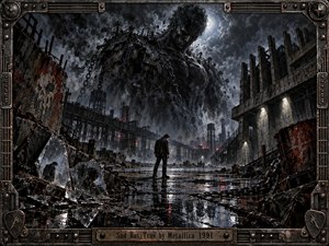A lone figure stands in a rain-soaked industrial wasteland beneath a towering shadowy colossus, surrounded by ruined factories, chains, broken glass, and wet reflective pavement. Cold grays, black steel, and rusted reds create a grim, oppressive mood, with harsh moonlight and gritty mixed-media textures intensifying the psychological tension.