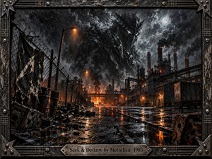 A storm-blackened industrial wasteland stretches beneath a ghostly metallic predator looming in the smoke. Wet rails and broken machinery reflect fierce orange firelight, while factories, chimneys, fences, and debris create a hostile nocturnal maze. Heavy textured brushwork, cold steel tones, and glowing embers intensify the menacing, relentless atmosphere.