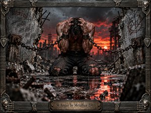 A battered man kneels in a ruined industrial wasteland, chained between broken concrete walls beneath a fiery red and black sky. Wet rubble reflects the harsh sunset while rusted steel, skulls, guitar strings, and heavy metalwork form an elaborate frame. The scene feels violent, trapped, exhausted, and intensely confrontational.