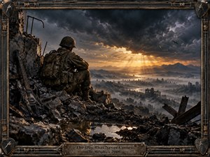 A weary soldier sits among shattered concrete beside a scarred electric guitar, overlooking a ruined city swallowed by mist. Dark storm clouds split around a distant golden sunrise, casting dramatic rays across mountains and water. The cinematic digital artwork uses muted earth tones, metallic textures, deep shadows, and a rugged industrial frame.