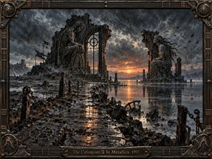 A storm-darkened coastal ruin stretches across reflective tidal water, where two weathered stone figures face each other from shattered Gothic structures. Cold grays, rusted bronze, and a distant orange sunset create a tense, mournful atmosphere. Heavy clouds, chains, broken masonry, and an ornate metallic guitar-inspired frame deepen the brooding handcrafted realism.