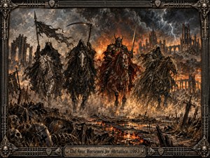Four armored horsemen charge across a scorched battlefield beneath a storm-blackened sky, framed by ruined Gothic architecture, lightning, smoke, and distant fire. Dark bronze, ash gray, and molten orange dominate the scene. The detailed painterly style, skeletal debris, tattered banners, and metal guitar-string frame create an ominous apocalyptic intensity.