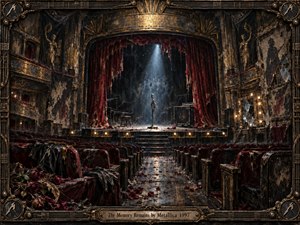 A ruined grand theater stretches toward a lonely microphone under a cold spotlight, framed by torn crimson curtains, crumbling gold ornament, and dusty red seats strewn with wilted roses. Ghostly figures linger in shadow as warm footlights glimmer below, creating a dark, nostalgic, painterly scene rich with decay, drama, and memory.