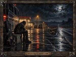 A weary musician sits beside a battered guitar case outside a lonely roadside stop, facing a rain-soaked highway beneath a stormy moonlit sky. Amber lights reflect across black pavement while distant mesas and trucks deepen the isolation. The dark, textured painting conveys exhaustion, solitude, travel, and quiet perseverance.