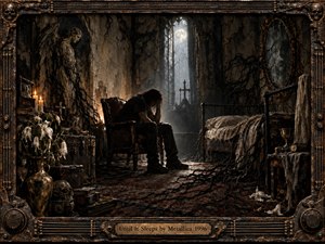 A solitary figure sits hunched in a decaying gothic chamber, surrounded by twisted roots, wilted lilies, skulls, and worn furniture. Cold moonlight cuts through a tall window while candles cast warm amber shadows. Dark bronze, black, gray, and muted gold create a haunted, introspective atmosphere framed by ornate metalwork.